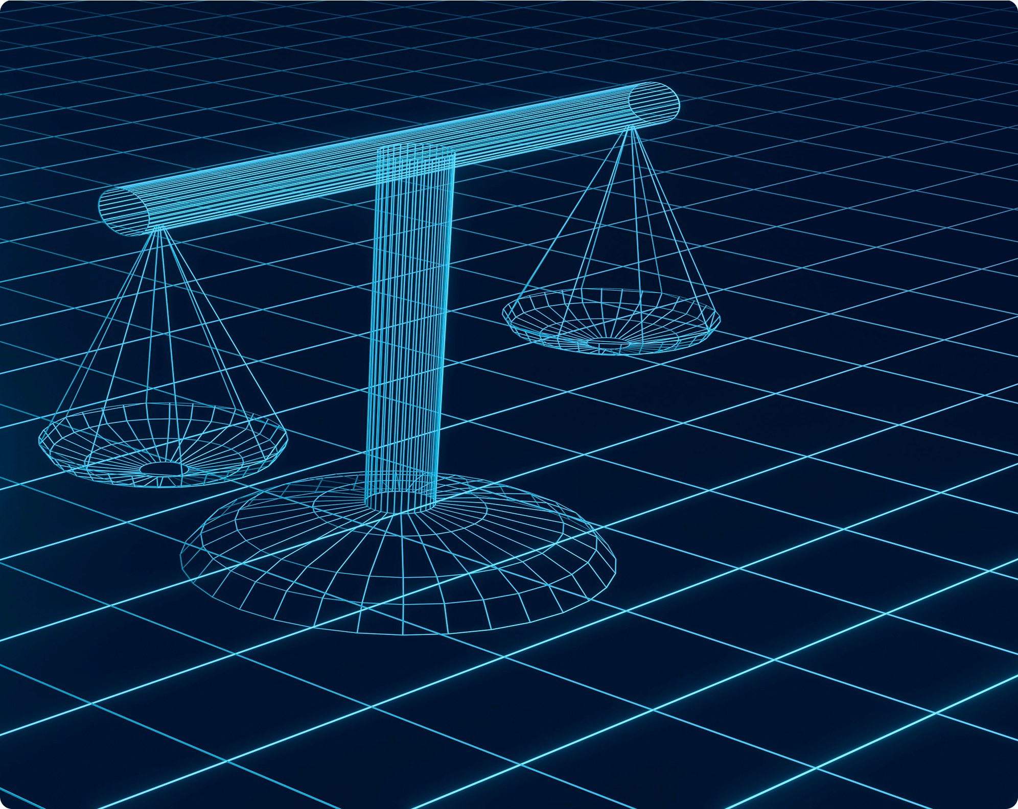 3D wireframe scales of justice representing Beulah's approach to law