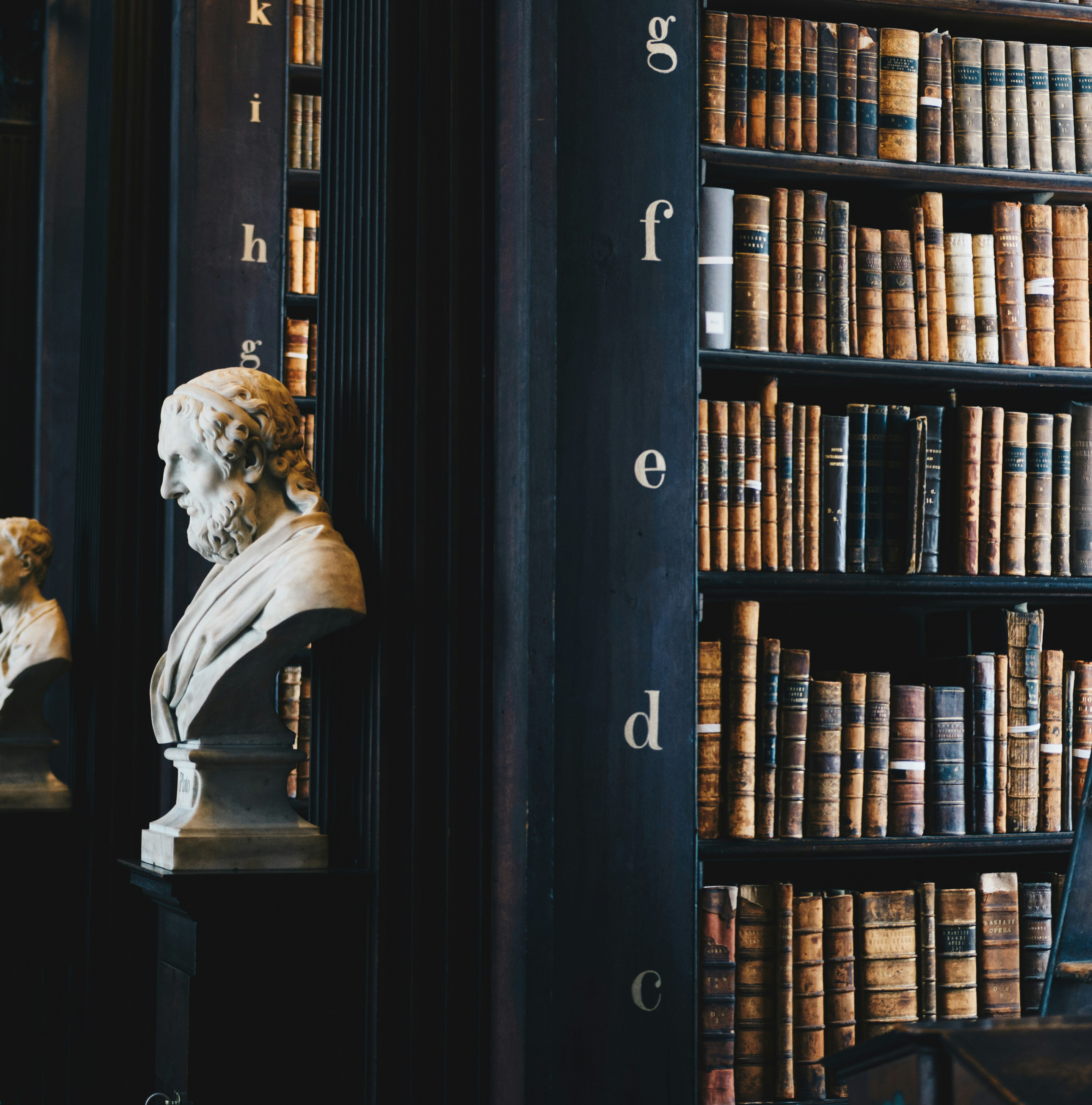 Beulah law library with classical bust sculpture and bookshelves